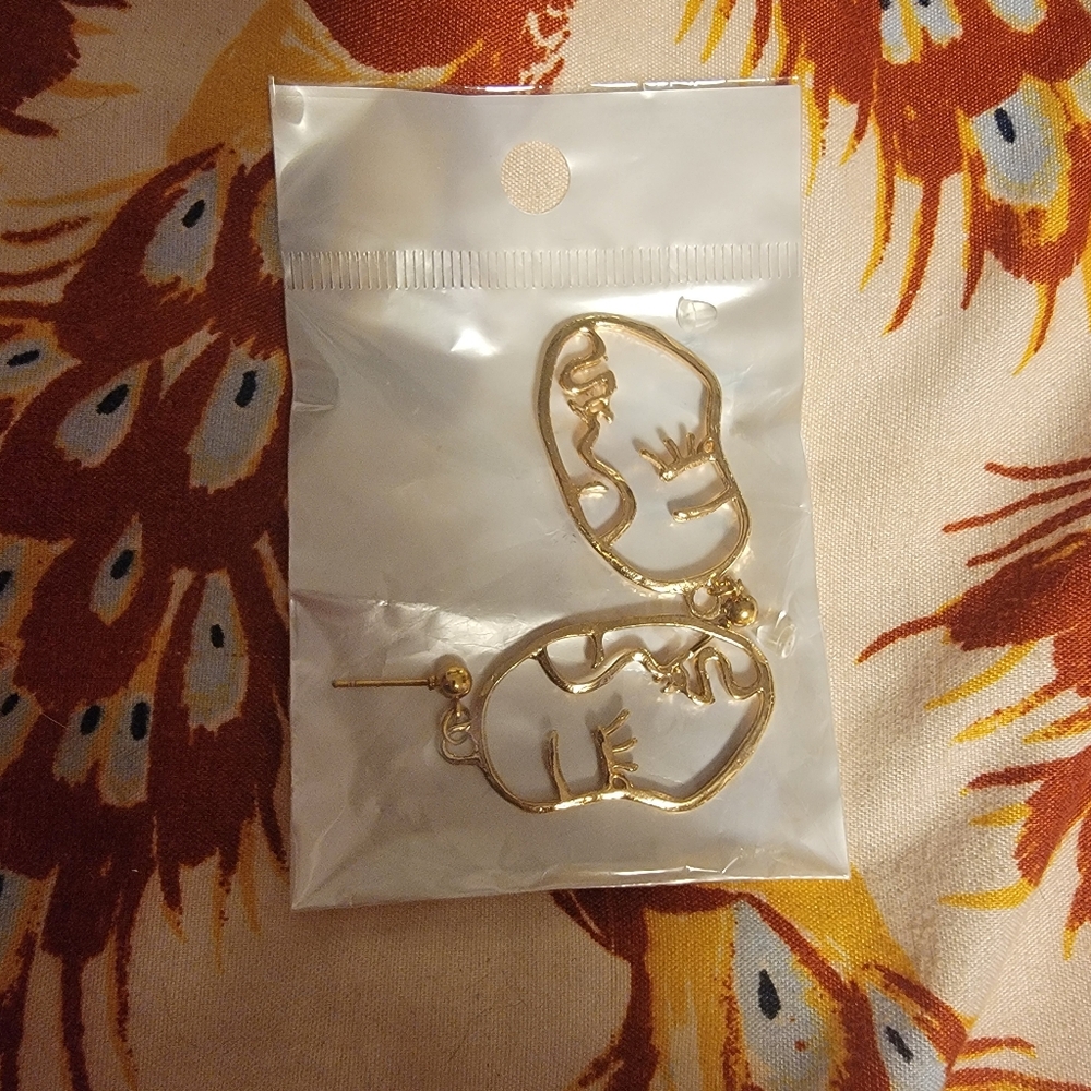 Gold Abstract Face Earrings NWT